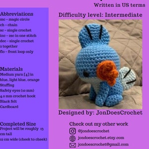 Mudkip (Mud fishPokemon) crochet pattern. PDF Digital download, pattern only.