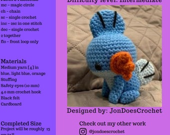 Mudkip (Mud fishPokemon) crochet pattern. PDF Digital download, pattern only.