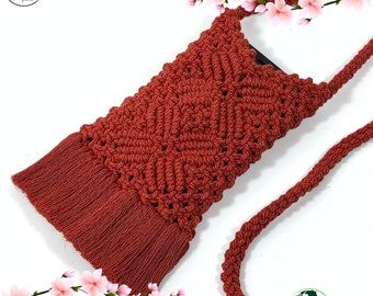 Shoulder bag for mobile phone in brick-colored macramé / phone case / phone bag / gift idea / Women's accessory