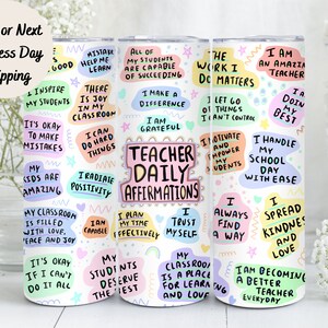 Teacher Daily Affirmations Tumbler, Tumbler Cup, 20oz Stainless Steel Cup with Metal Straw, Lid, and Straw Cleaner, Coffee Mug