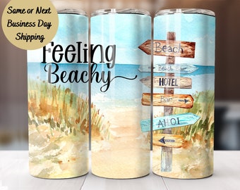 Feeling Beachy Tumbler, Tumbler Cup, 20oz Stainless Steel Cup with Metal Straw, Lid, and Straw Cleaner, Coffee Mug