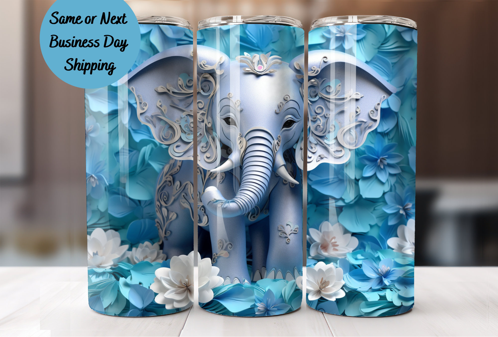 20 oz Skinny Straight 3D Elephant Tumbler - White Elephant - Cup Drink w/  Straw