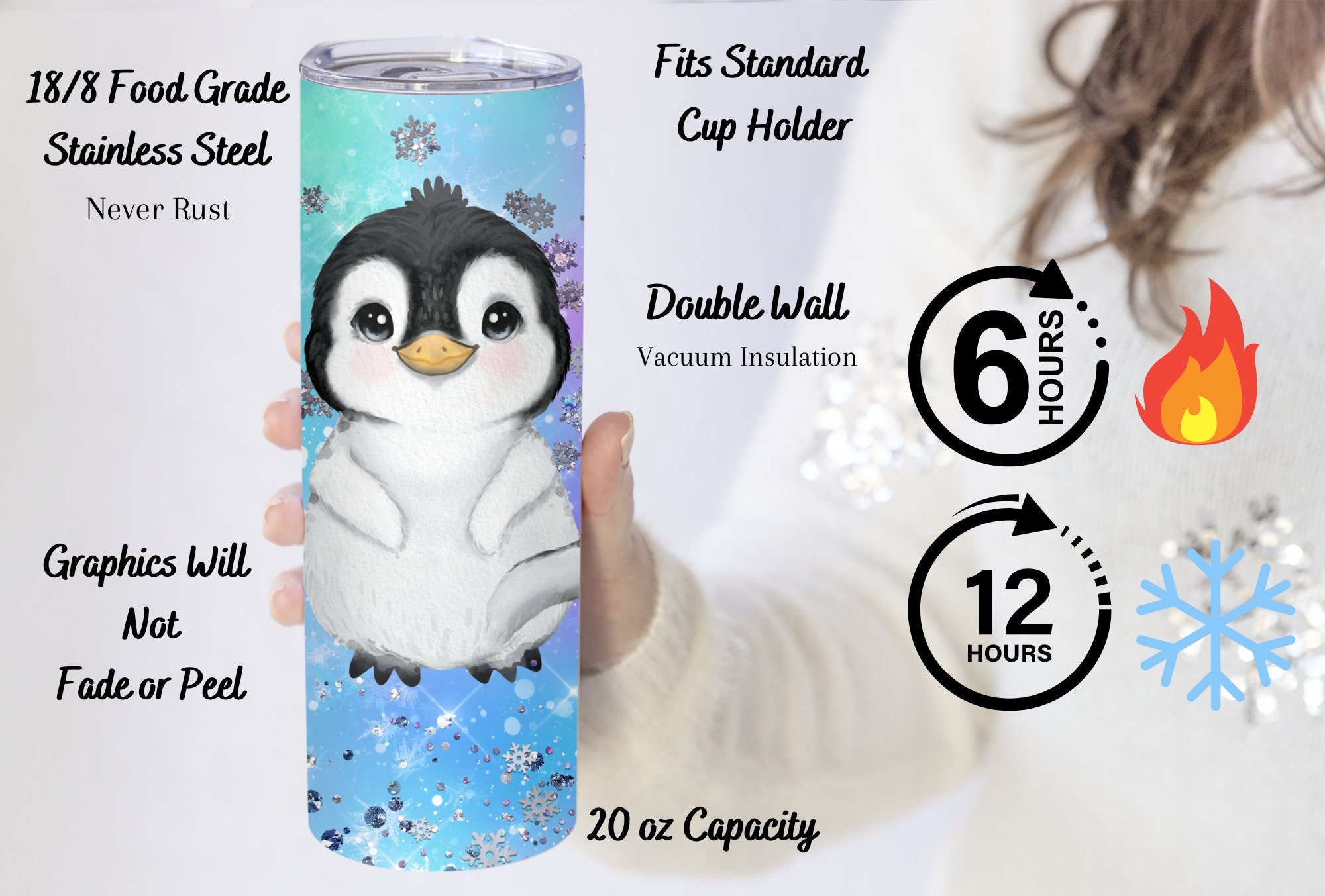 CUAJH Cute Penguin Travel Coffee Mug Insulated Tumbler with Wrap and Lid,  Stainless Lined for Women Men Birthday, 14 OZ