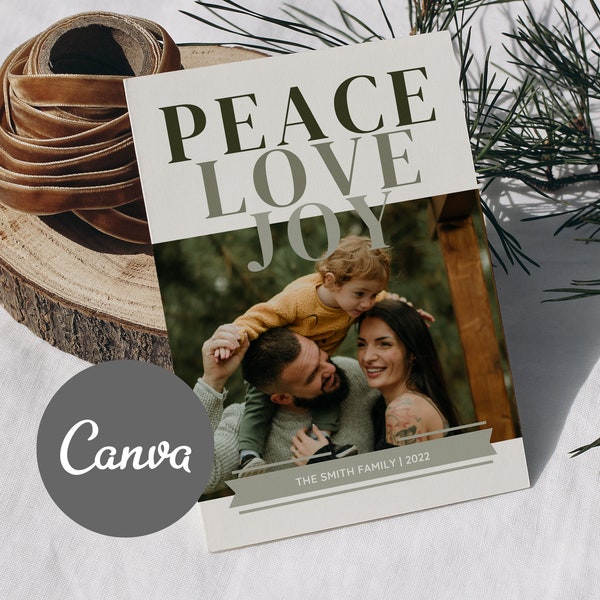 CANVA Photo Christmas Card | Peace Love Joy | Minimalist Photo Holiday | Modern Christmas Card | Canva Editable Template | DOWNLOAD