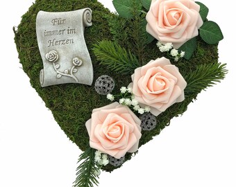 Grave arrangement grave decoration moss heart grave heart mourning heart arrangement - Forever in the heart - 30 cm 3 roses pink