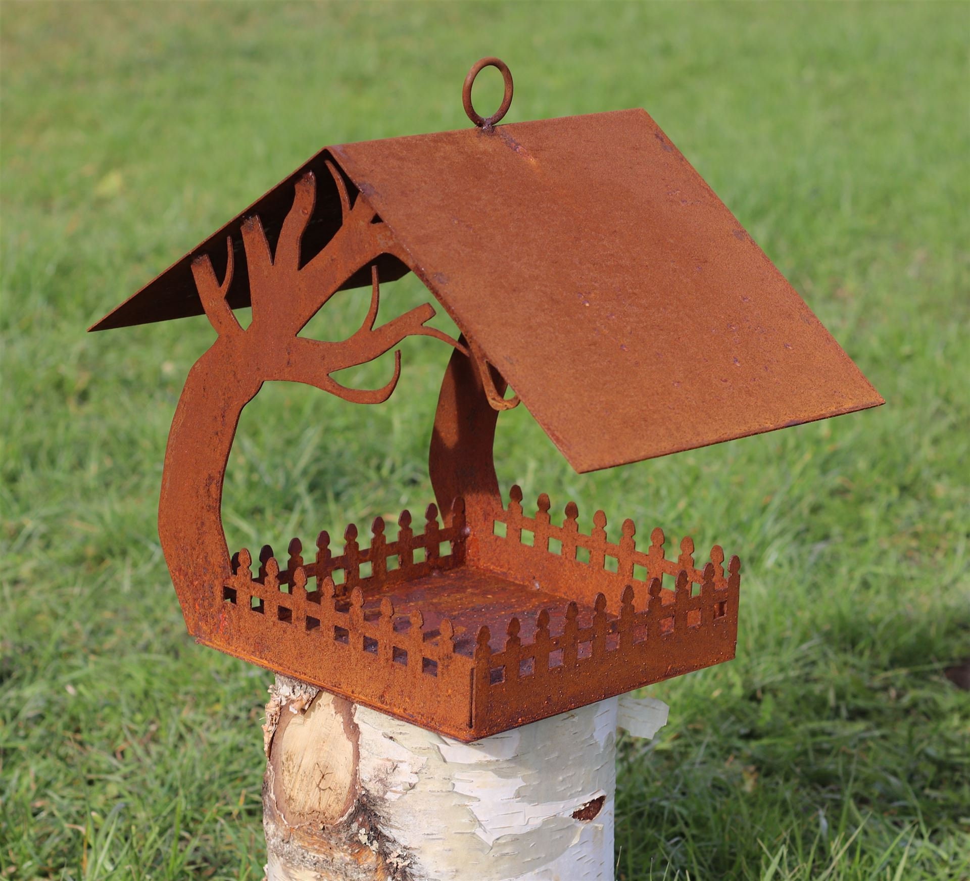Futterstation Futterhaus Vogel Metall Rost zum Aufhängen mit Kette Fut