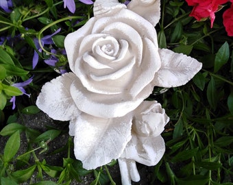 XL rose with stem rose blossom also grave decoration grave decoration stone cast 16 cm grey/white, approx. 360 g