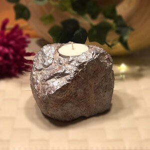 Candlestick candle holder tealight holder made of cast stone - concrete, in red-brown/silver