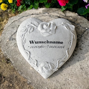 Heart grave heart with rose tendril and individual engraving/desired text - memorial stone grave decoration 14.5 cm cast stone natural