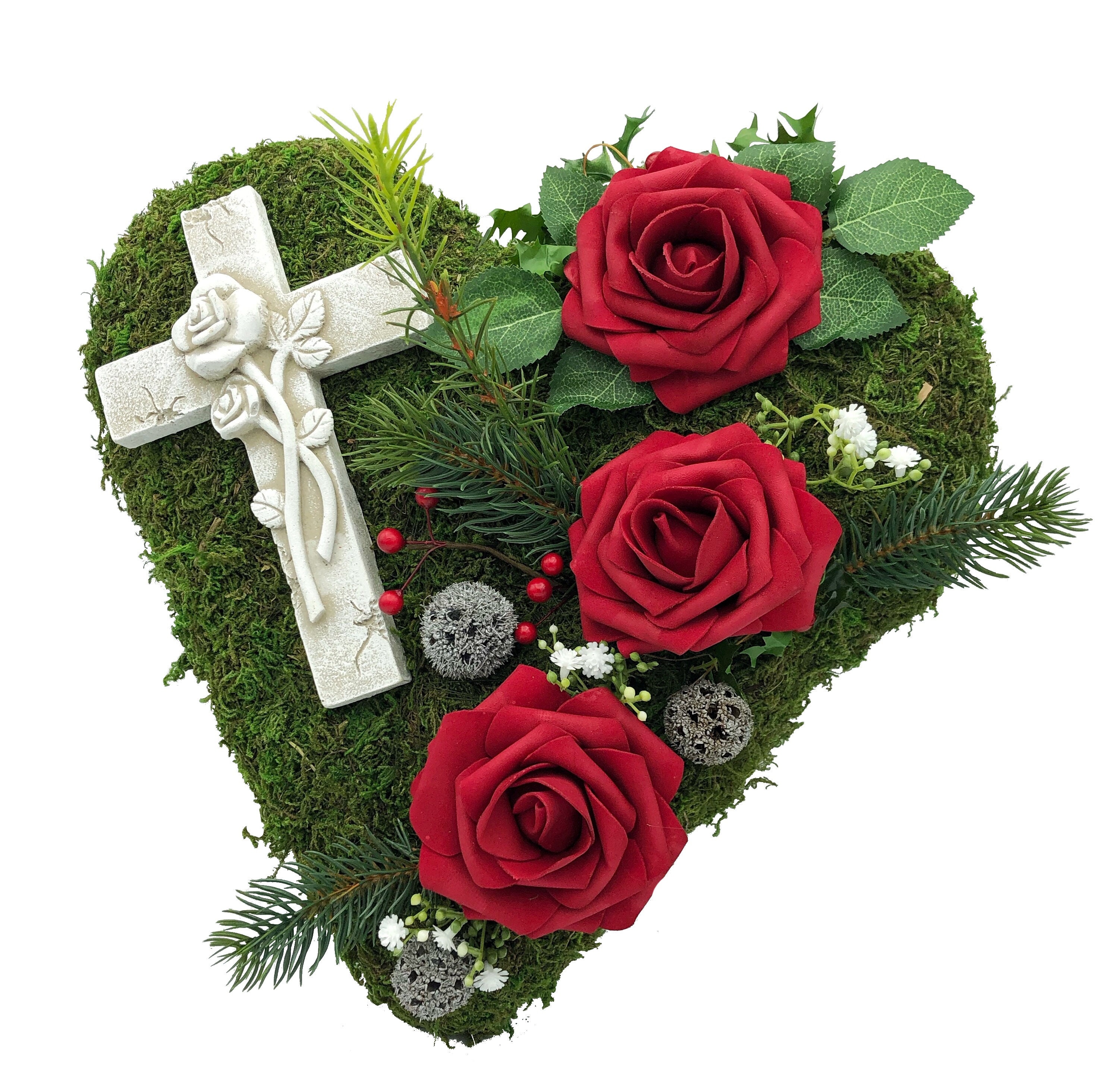 Grave arrangement grave decoration moss heart grave heart cross mourning heart grave arrangement roses RED