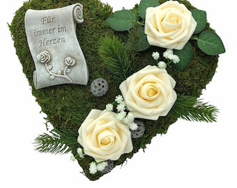Grave arrangement grave decoration moss heart grave heart mourning heart arrangement - Forever in the heart - 30 cm - cream roses
