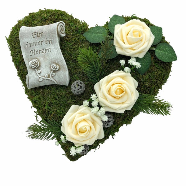 Grave arrangement grave decoration moss heart grave heart mourning heart arrangement - forever in the heart - 30 cm - cream roses