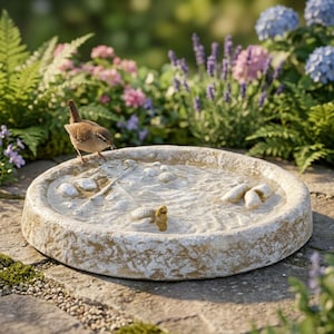 Könnte beinhalten: Eine runde, steinartige Vogeltränke mit strukturiertem Rand und einem flachen Becken, das mit Wasser gefüllt ist. Das Becken weist dekorative Elemente wie Muscheln und kleine Steine auf. Ein kleiner brauner Vogel steht am Rand und blickt auf das Wasser. Der Hintergrund umfasst üppiges Grün und Blumen.