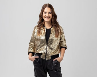 Golden Sequin Bomber Jacket: Glittery Party Outfit