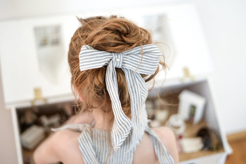 handmade linen hair accessories natural fabric hand tied bows fabric bows Bow set for girls striped linen bows kids clip