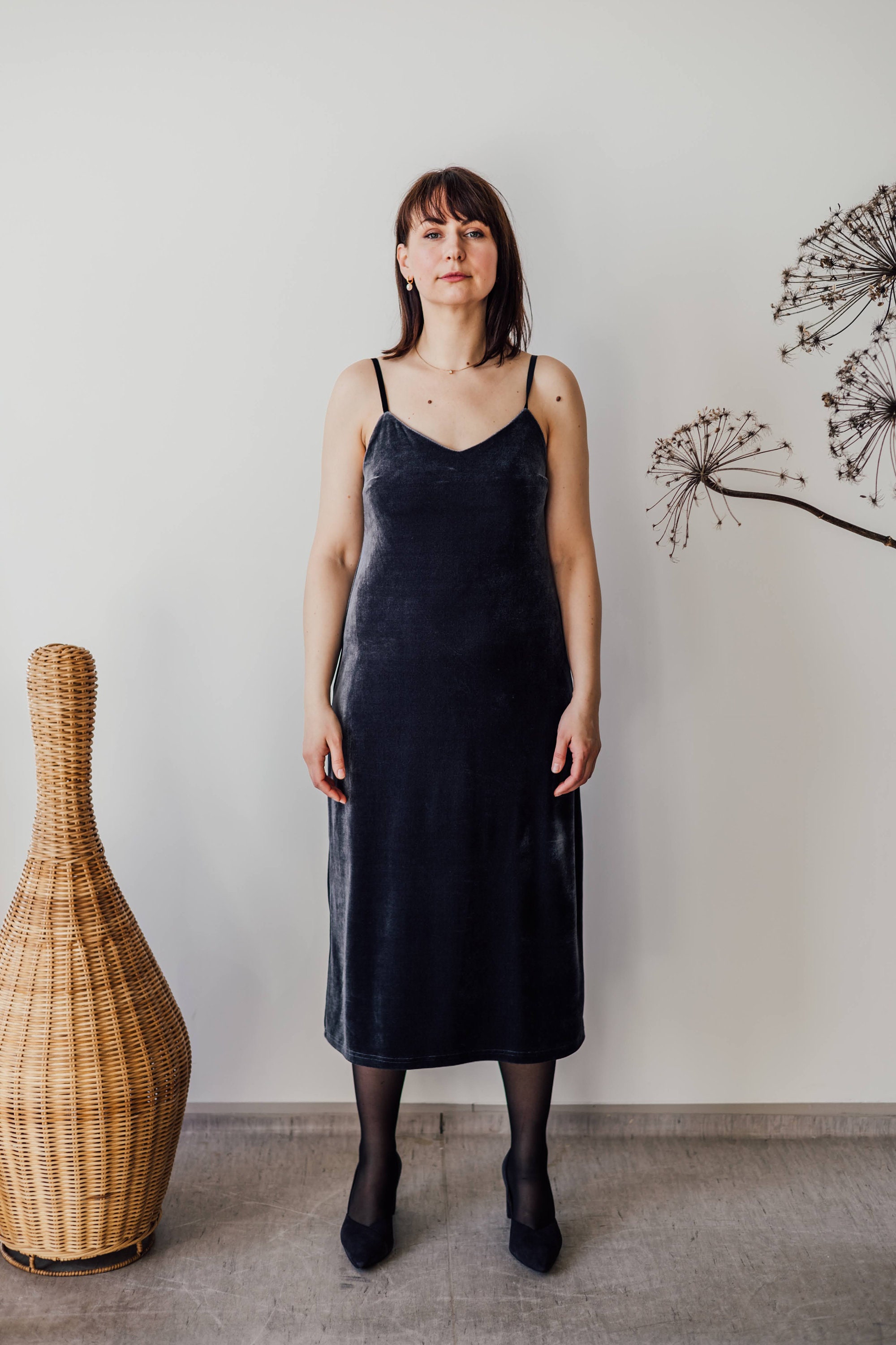 Grey Velvet Slip Dress: V-neck Midi Party Dress - Etsy