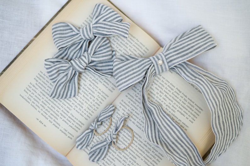 handmade linen hair accessories natural fabric hand tied bows fabric bows Bow set for girls striped linen bows kids clip