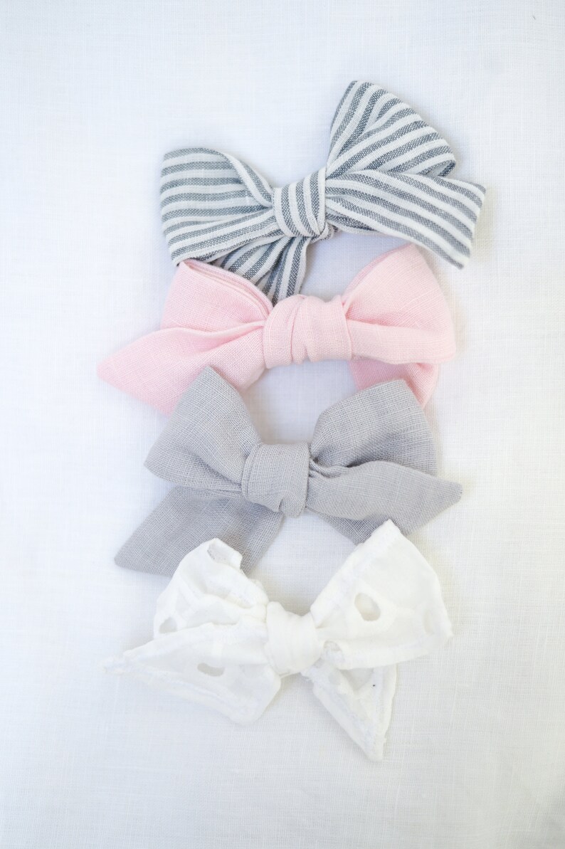 handmade linen hair accessories natural fabric hand tied bows fabric bows Bow set for girls striped linen bows kids clip