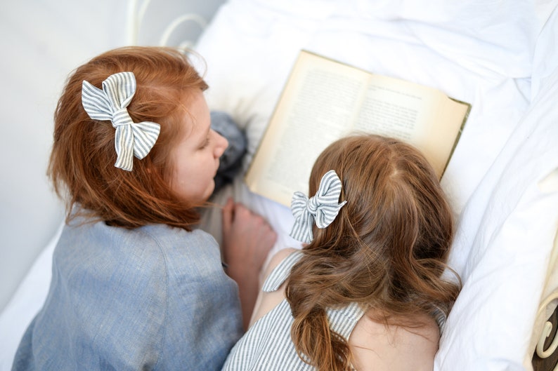 handmade linen hair accessories natural fabric hand tied bows fabric bows Bow set for girls striped linen bows kids clip