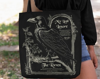 The Raven Tote Bag, Lost Lenore, Nevermore, Edgar Allan Poe, Crowcore, Edgar Allan Poe Gift, Dark Academia Tote Bag, Book Lover Tote, Raven