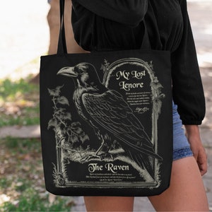 The Raven Tote Bag, Lost Lenore, Nevermore, Edgar Allan Poe, Crowcore, Edgar Allan Poe Gift, Dark Academia Tote Bag, Book Lover Tote, Raven