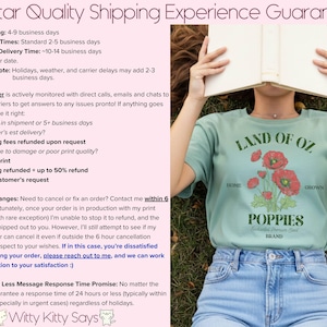 May include: A light green t-shirt with the text "Land of Oz" and a graphic of red poppies. The shirt is paired with light blue jeans. The image also includes text about shipping and customer service.