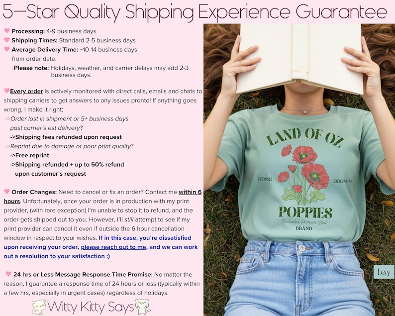 May include: A light green t-shirt with the text "Land of Oz" and a graphic of red poppies. The shirt is paired with light blue jeans. The image also includes text about shipping and customer service.