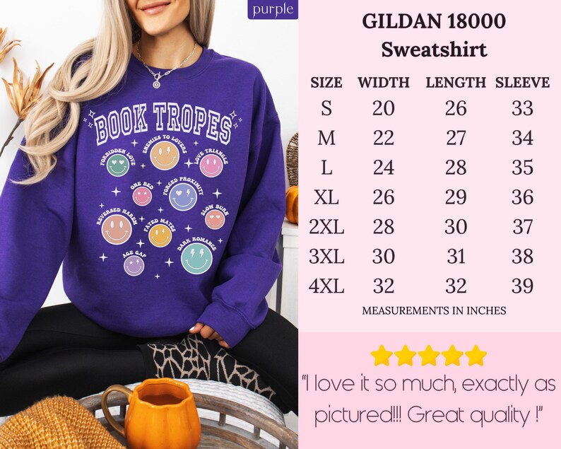 May include: A purple Gildan 18000 sweatshirt with the text "BOOK TROPES" and various smiley face graphics. The sweatshirt includes a size chart with measurements in inches. The text "Forbidden Love" and "Enemies to Lovers" are also visible.