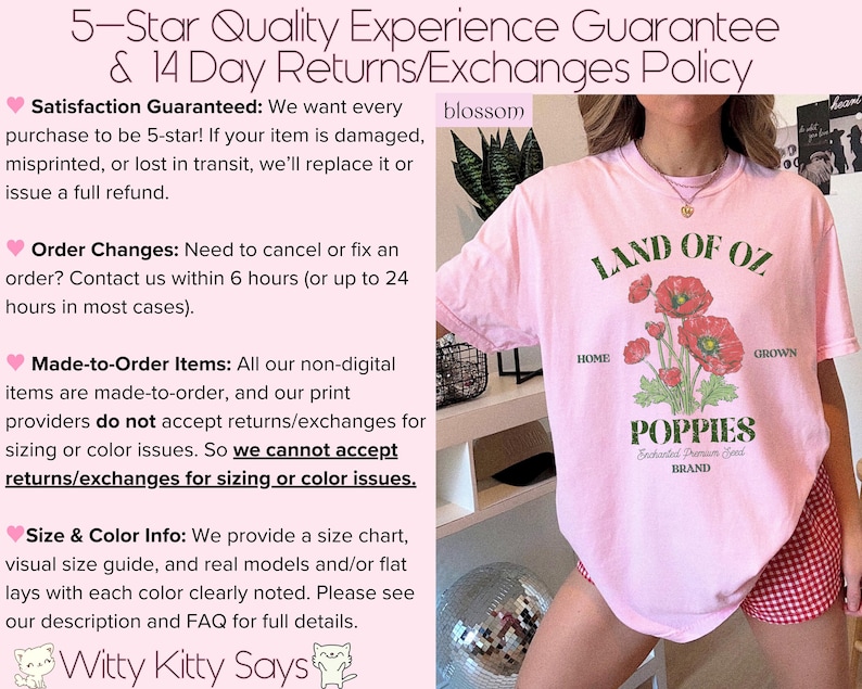 May include: A light pink t-shirt with the text "LAND OF OZ POPPIES" and a graphic of red poppies. The shirt also has the text "HOME" and "GROWN". The shirt is part of the "blossom" brand.