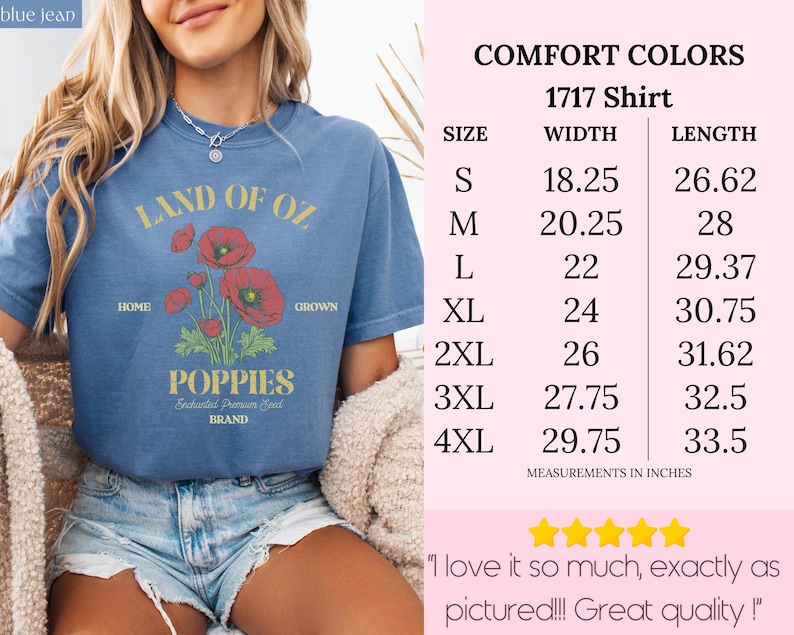 May include: Blue jean-colored t-shirt with a graphic of red poppies and the text "Land of Oz Poppies." The shirt has a crew neck and short sleeves. Measurements are listed in inches.