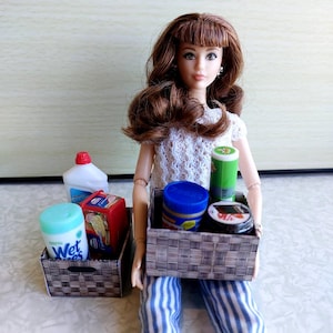 May include: A doll with long brown hair wearing a white textured top and blue and white striped pants, holding a woven-style box filled with miniature grocery items including a blue-lidded jar, a green tube, and a small container next to a second box.