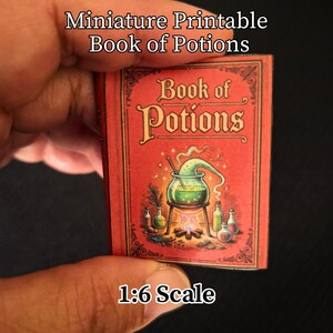 May include: A miniature 1:6 scale printable book titled Book of Potions. The red cover features an illustration of a bubbling green potion in a cauldron over a fire, surrounded by smaller glass bottles. The text Book of Potions is printed in black.