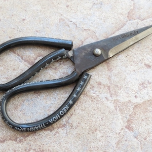 May include: Black metal scissors with curved handles and sharp blades. The text "HOA DAC BIET" and "KEO HOA - THANH DAC" is printed on the scissors. The scissors are on a light brown, textured surface.