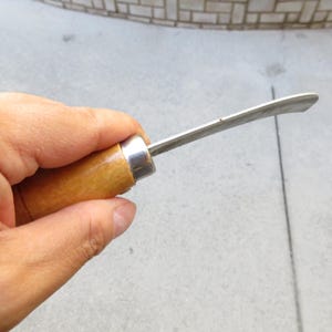 May include: A small, curved blade knife with a wooden handle and a silver metal ferrule. The blade is made of shiny metal. The knife is held in a hand.