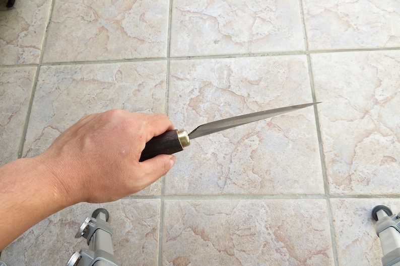 May include: A person holds a long, thin, silver knife with a dark wood handle. The knife has a brass accent near the handle.