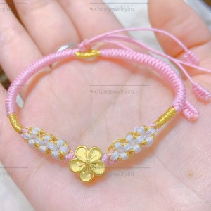 24K pure gold  Lucky Charm handmade bracelet. lucky braided pink rope bracelet, 24 carat gold Cherry blossoms bracelet.