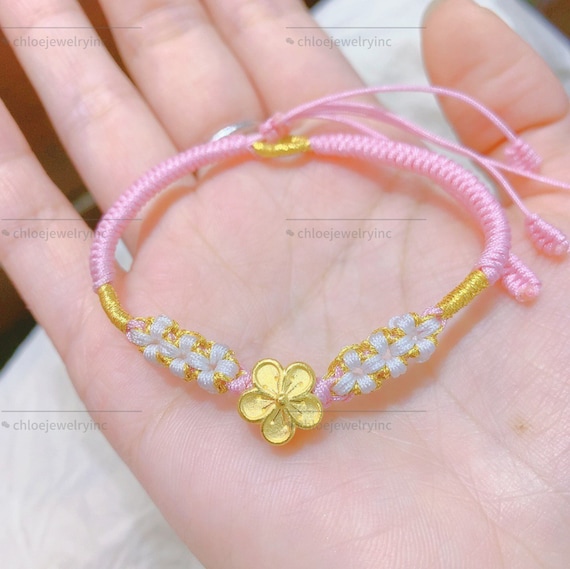24K pure gold  Lucky Charm handmade bracelet. lucky braided pink rope bracelet, 24 carat gold Cherry blossoms bracelet.