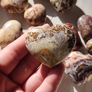 May include: A collection of heart-shaped stones in shades of beige, brown, and purple. The stones have a polished, smooth surface with natural patterns and textures. One heart is held in a hand, with others scattered in the background.
