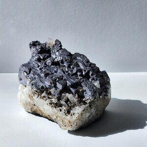 May include: A cluster of dark gray galena crystals on a white quartz matrix. The galena crystals are sharp and well-defined, with a metallic luster. The quartz matrix is rough and textured.