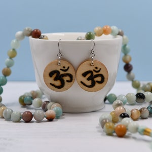 Yoga OM Earrings, Wood-burned