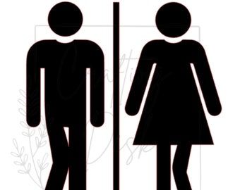 May include: Black and white silhouette of a male and female figure, separated by a vertical line. The figures are stylized and represent the traditional restroom symbols.