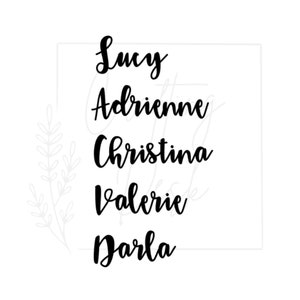 May include: A list of five names written in cursive: Lucy, Adrienne, Christina, Valerie, and Darla.