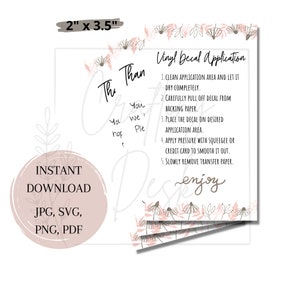 Vinyl Decal Care Card Download | Digital care card | Vinyl decal instructions | Decal application | svg jpg pdf png files | Thank you card