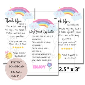Vinyl Decal Care Card Download | Rainbow card | Vinyl decal instructions | Decal application | svg jpg pdf png | Thank you card