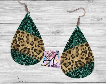 Emerald Glitter Earrings, Leopard Print Earrings, Glitter Leopard Print Hardboard Earrings, Hardboard Dangle Earrings