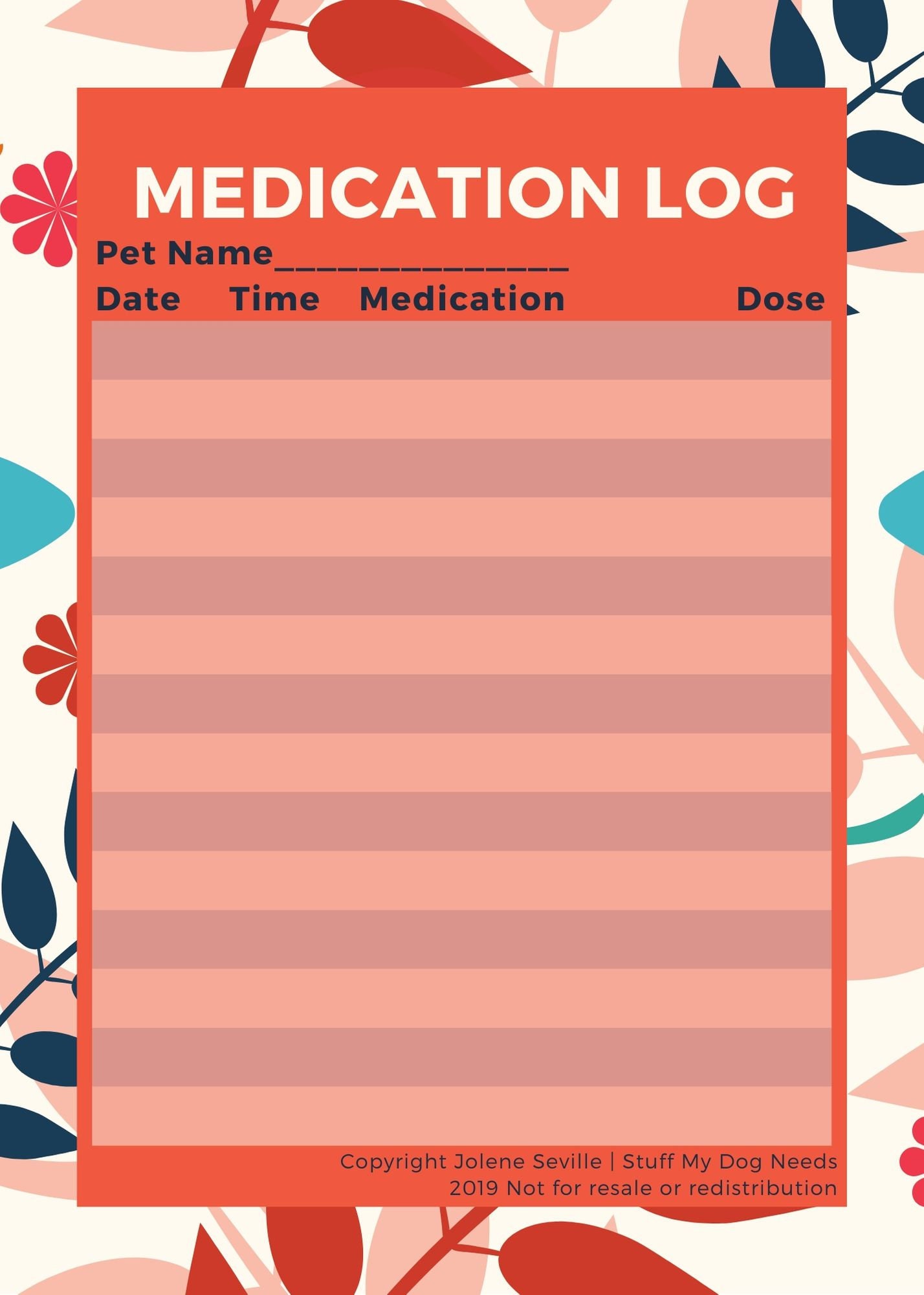 Flower Pet Planner 1 page Medication Log Printable Etsy