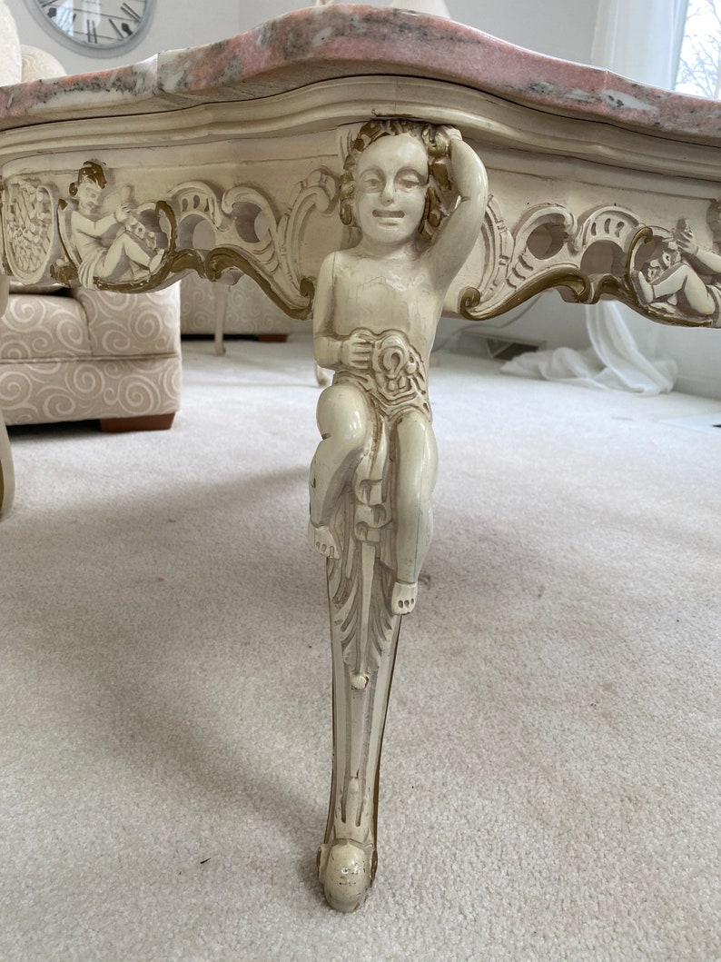 Mid 20th Century French Carved Pink Marble Cherub Coffee Table and Two
