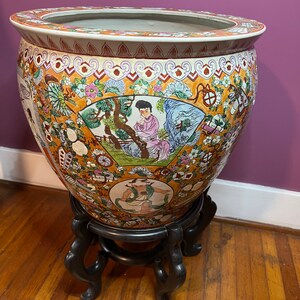 Large Porcelain Chinese Fishbowl Planter With Classic Oriental Decorations and Wood Stand