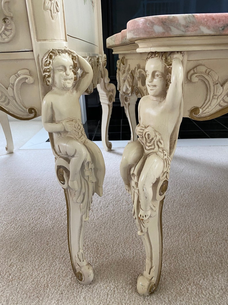 Mid 20th Century French Carved Pink Marble Cherub Coffee Table and Two