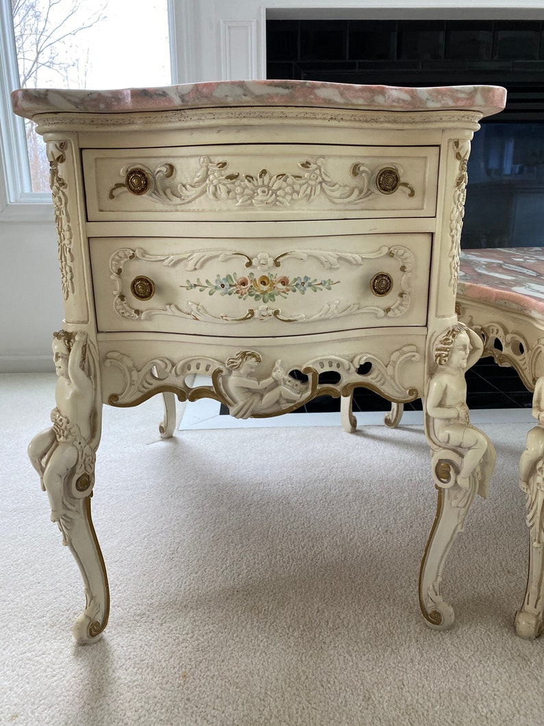 Mid 20th Century French Carved Pink Marble Cherub Coffee Table and Two